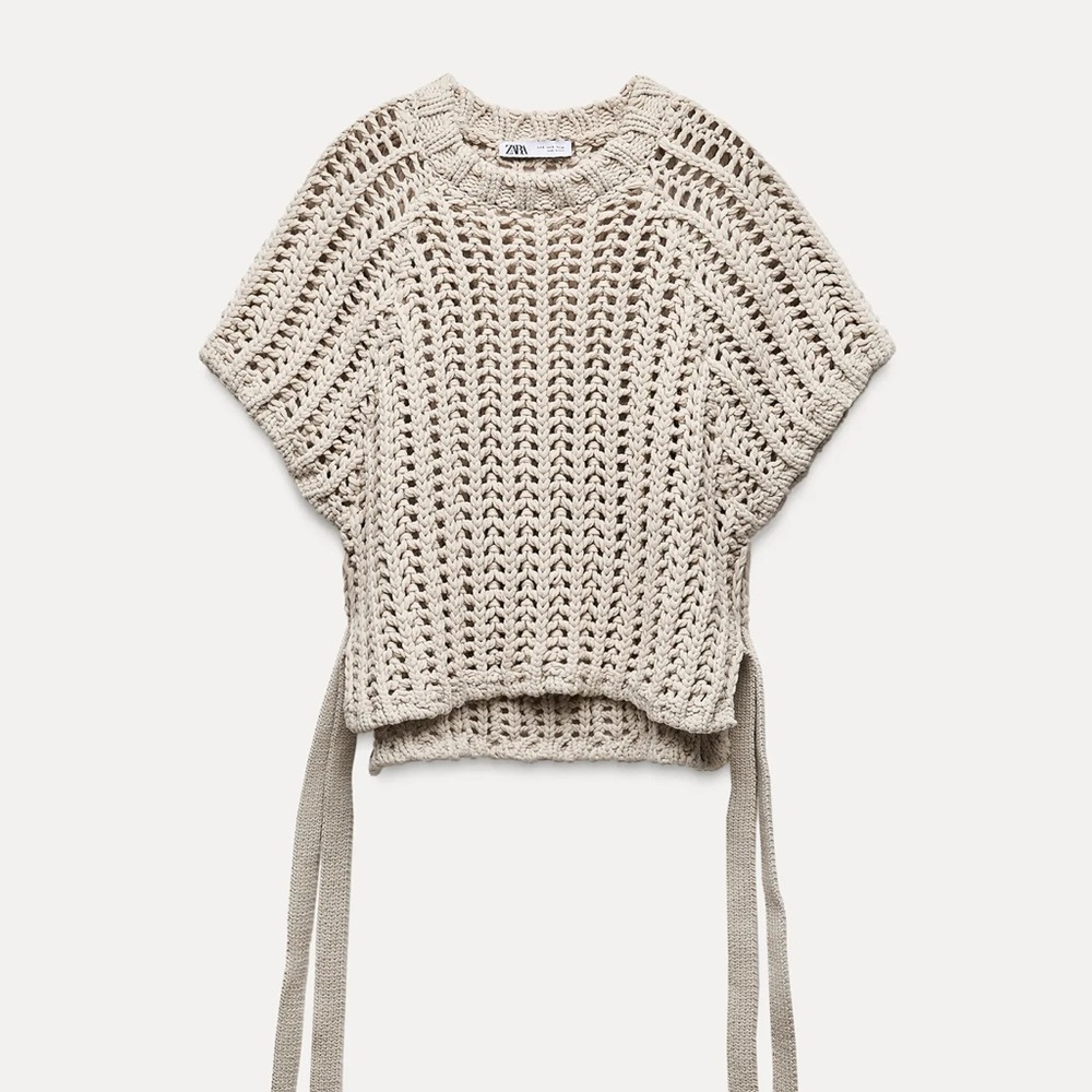 Zara Beige Open-Knit Crew Neck Sweater